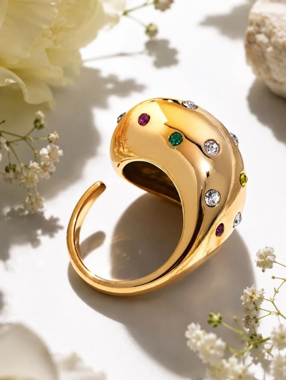Gold Dome Ring with Crystal Studs